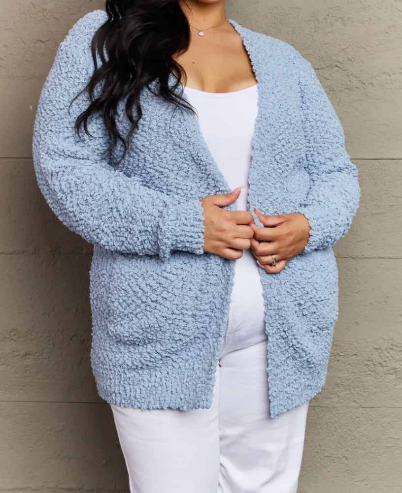 Puff Sleeve Popcorn Cardigan With Pockets