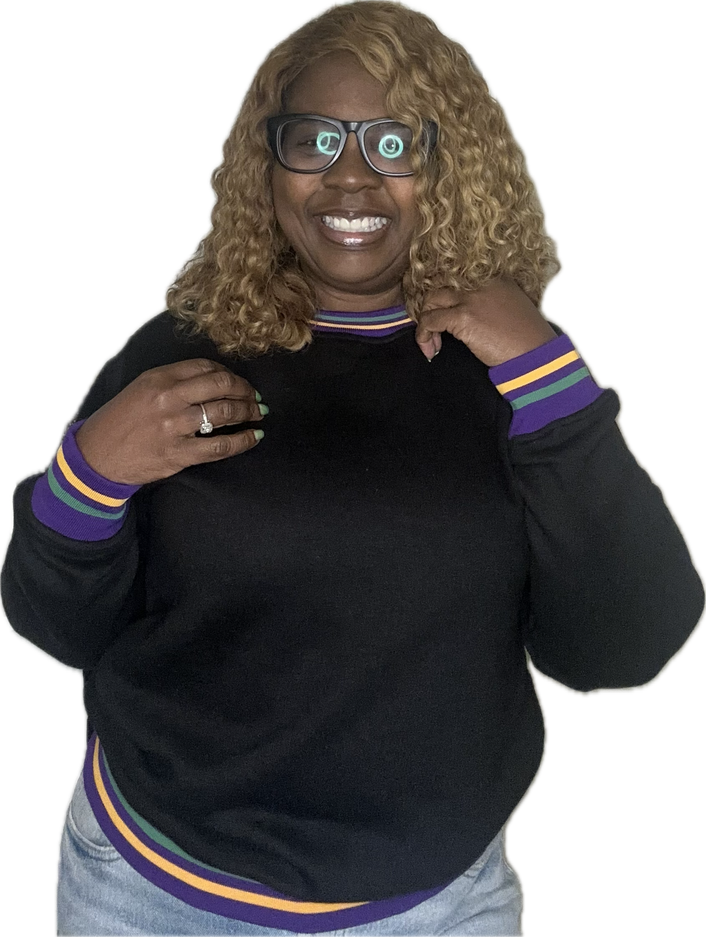 Blank Black Plush Sweatshirt w/Multi-Colored Ribbed Piping ***Pre-Orders 3 Weeks***