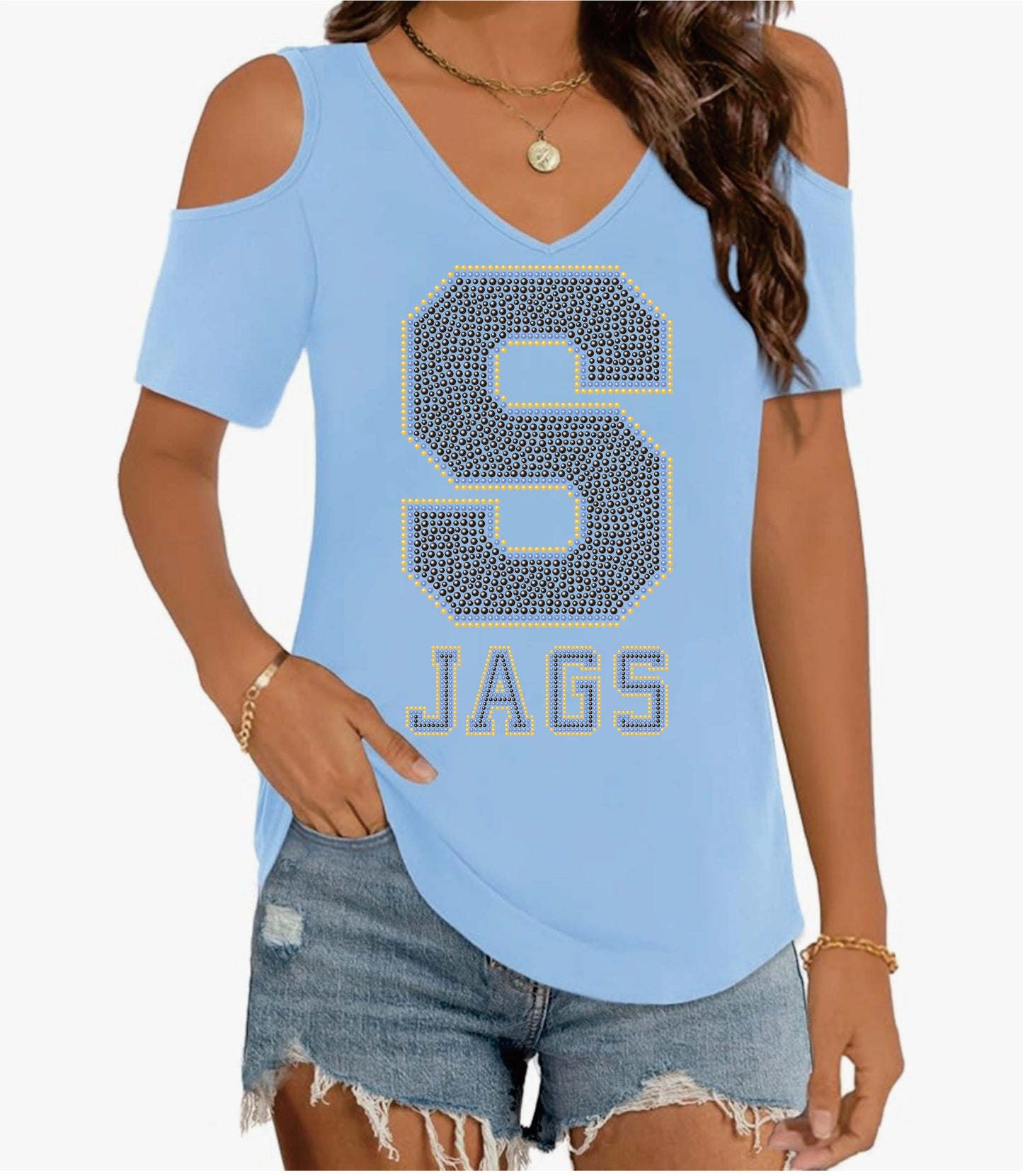 SU Cold Shoulder Short Sleeve V-Neck Top
