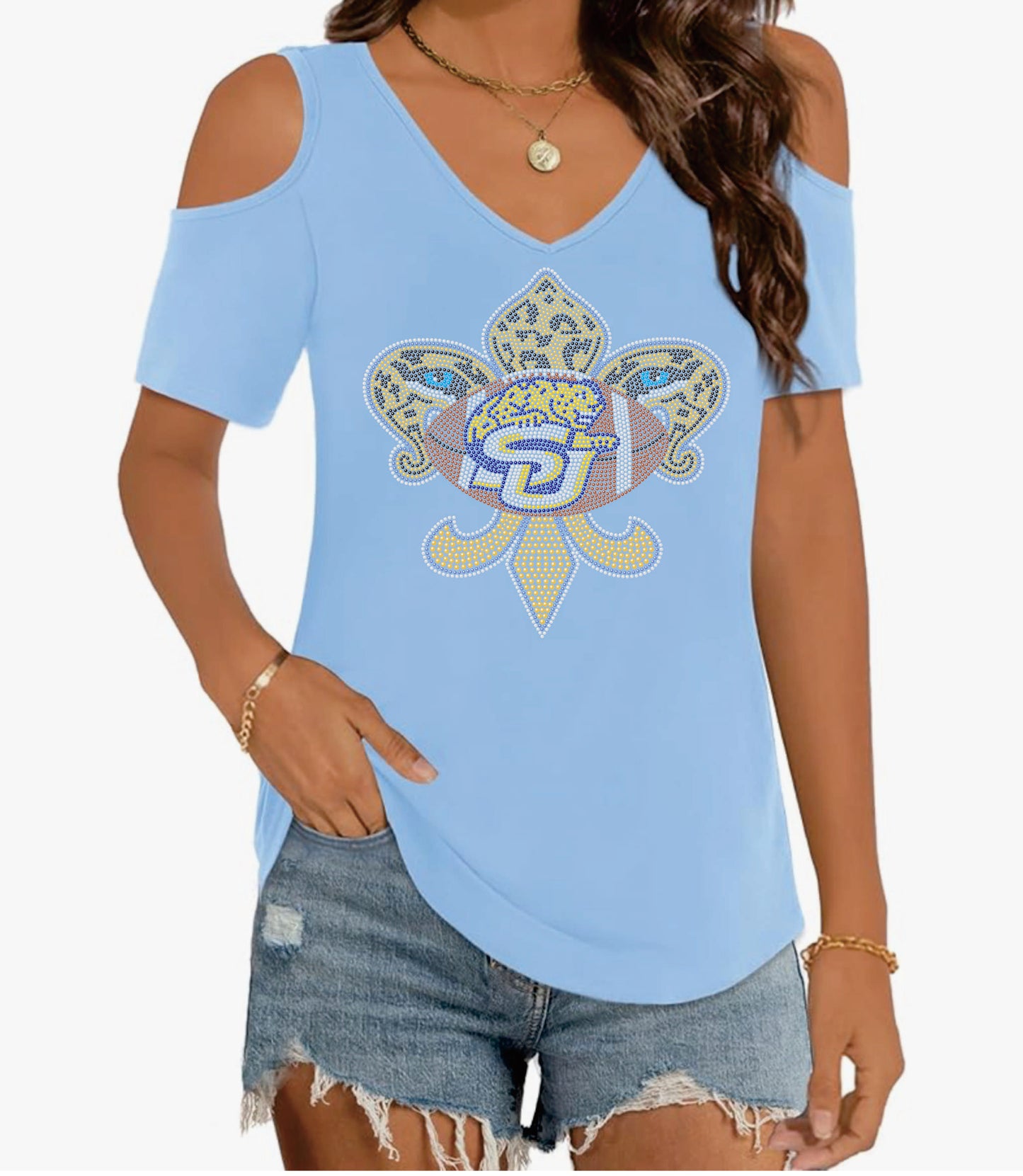 SU Cold Shoulder Short Sleeve V-Neck Top