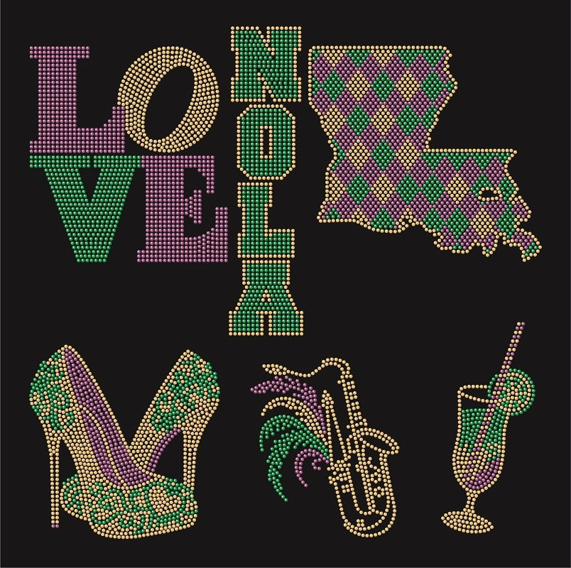 Mardi Gras LOVE Gangsheet Design Only * Size 12"Wx12"H Rhinestuds