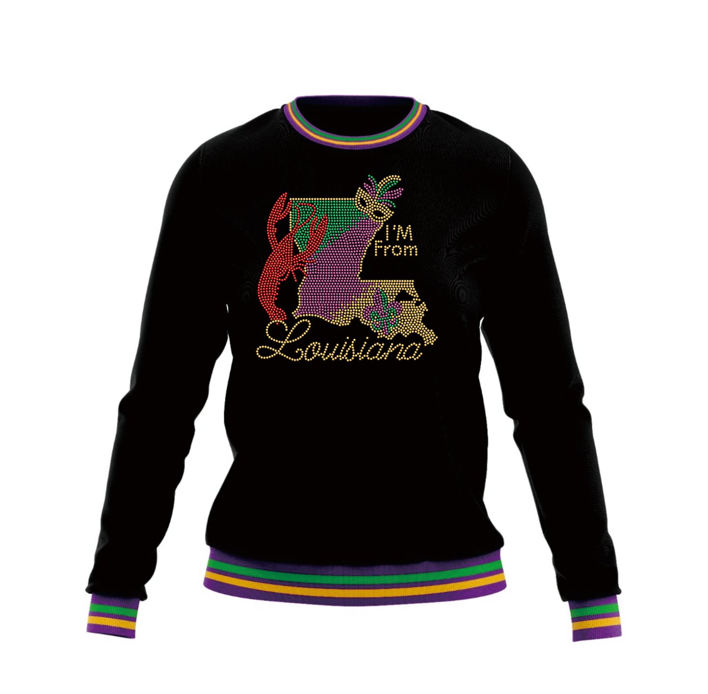 Mardi Gras Black Plush Sweatshirt w/Multi-Colored Piping ***Pre-Orders 3 Weeks***