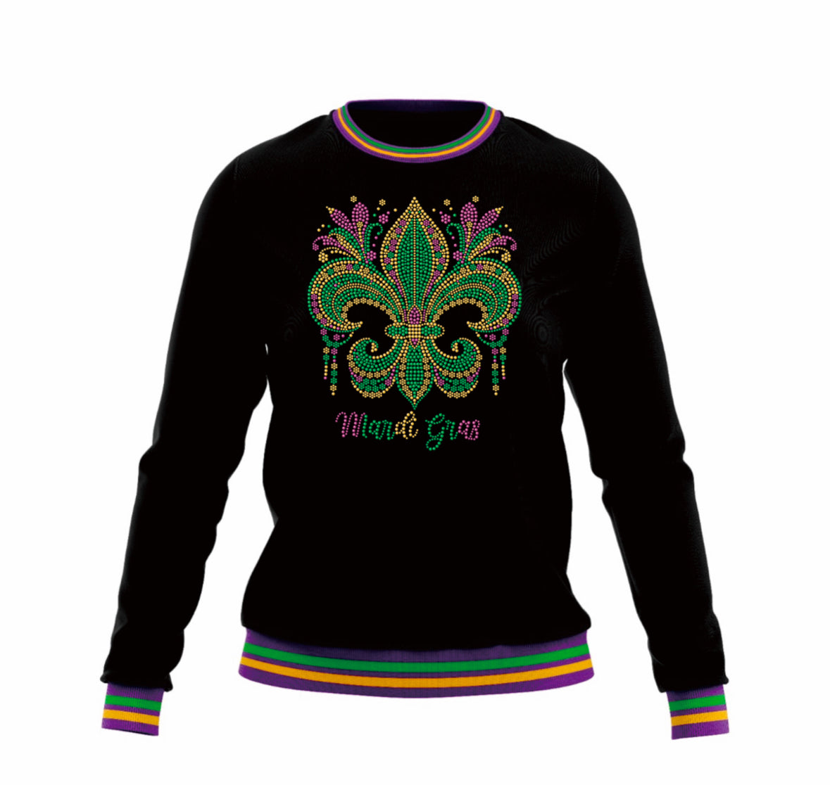 Mardi Gras Black Plush Sweatshirt w/Multi-Colored Piping ***Pre-Orders 3 Weeks***