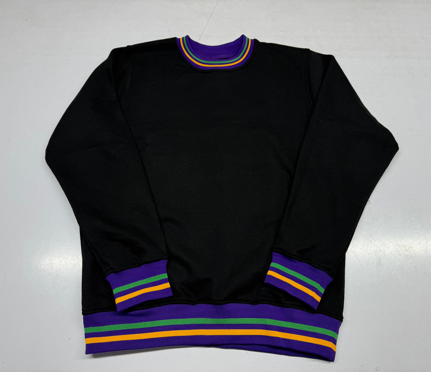 Blank Black Plush Sweatshirt w/Multi-Colored Ribbed Piping ***Pre-Orders 3 Weeks***