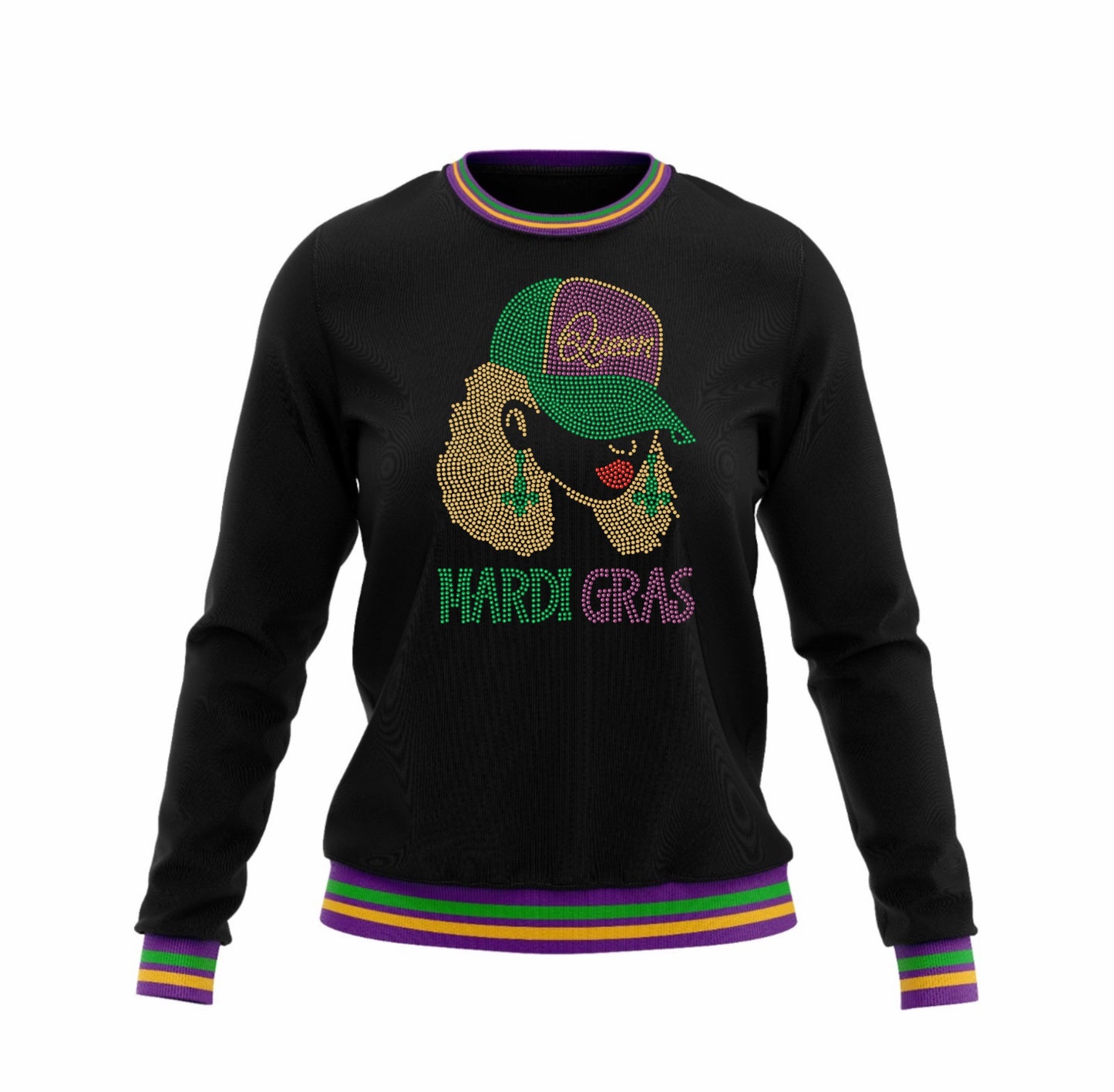 Mardi Gras Black Plush Sweatshirt w/Multi-Colored Piping