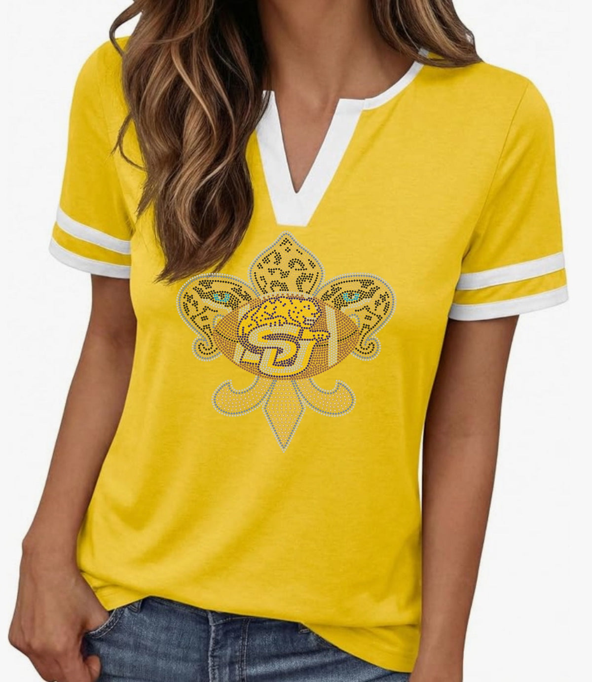 Gold Jersey Shirt w/White Stripes SU Jaguar Inspired V-Neck