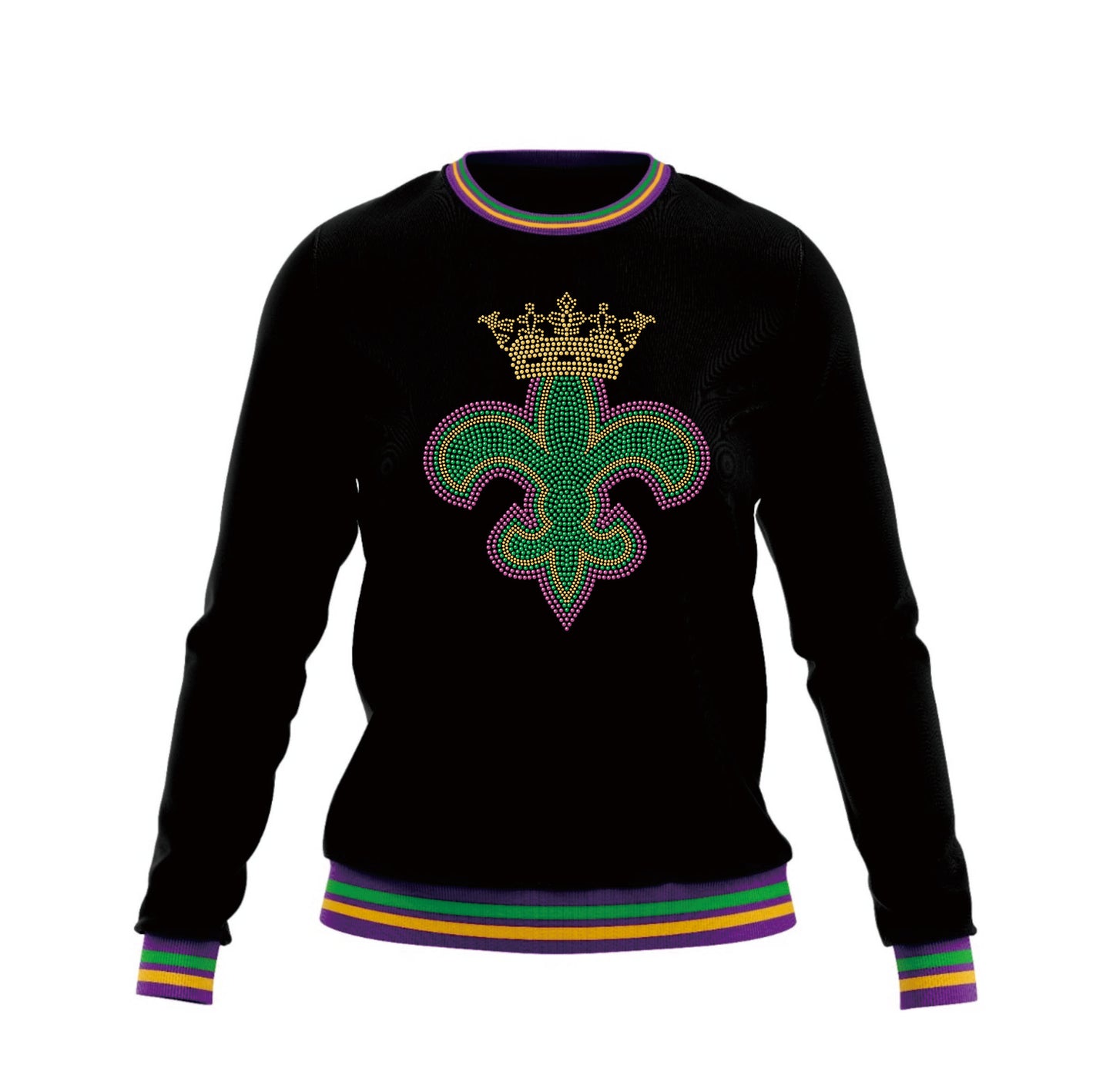 Mardi Gras Black Plush Sweatshirt w/Multi-Colored Piping