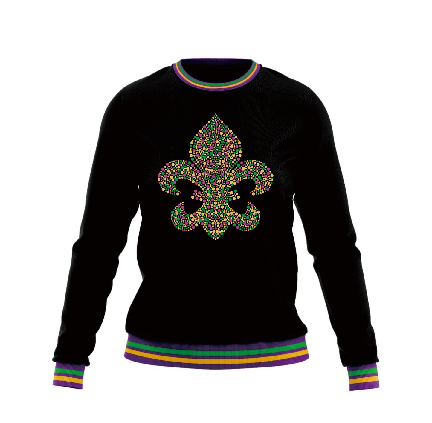 Mardi Gras Black Plush Sweatshirt w/Multi-Colored Piping