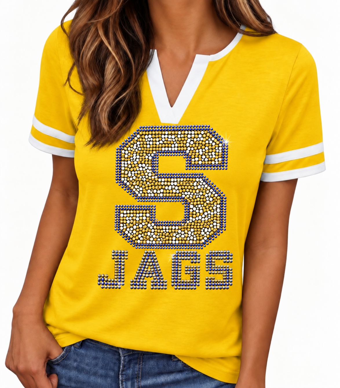 Gold Jersey Shirt w/White Stripes SU Jaguar Inspired V-Neck