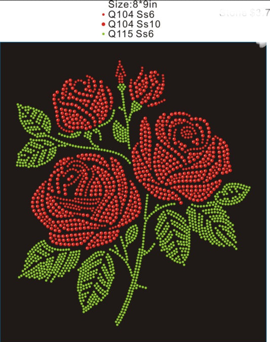 Rhinestone Rose Green and Red SS6, SS10 8x9" Austrian Crystals