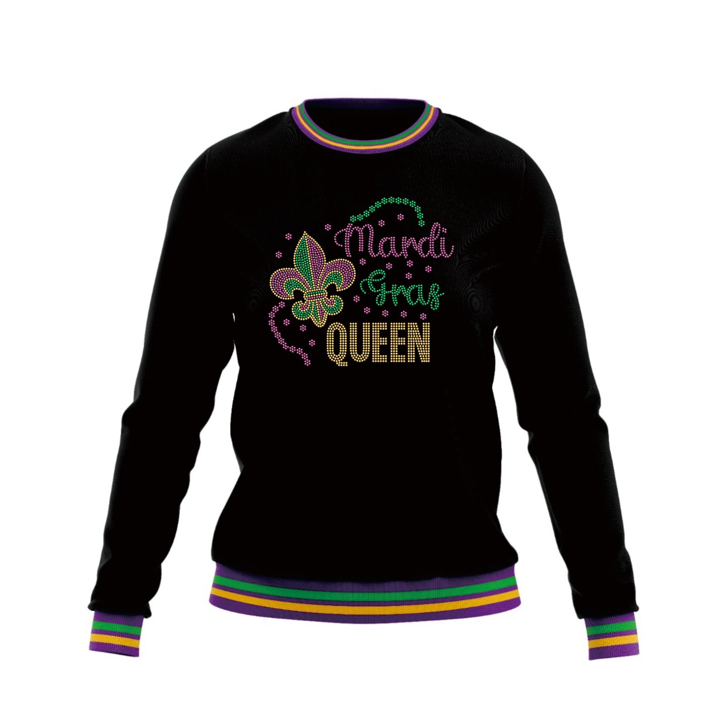 Mardi Gras Black Plush Sweatshirt w/Multi-Colored Piping