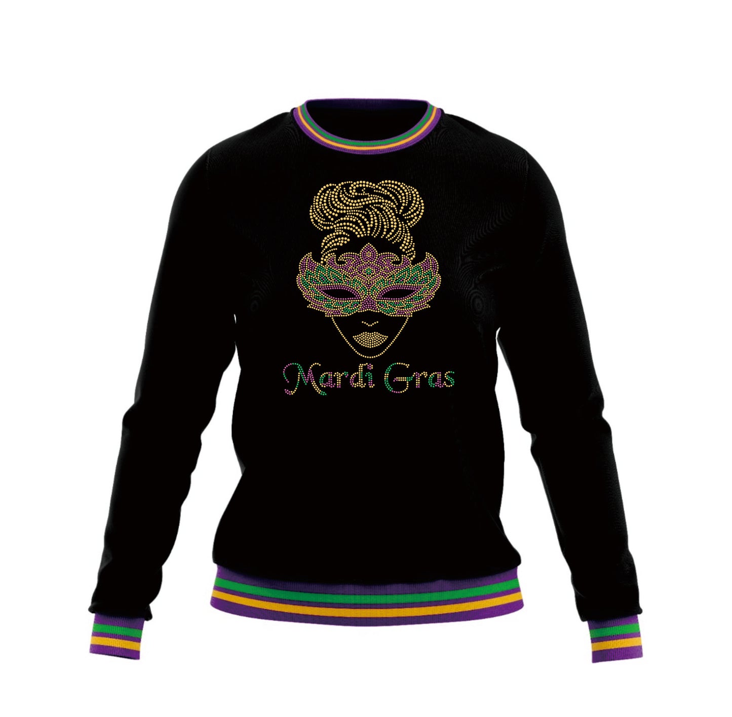 Mardi Gras Black Plush Sweatshirt w/Multi-Colored Piping