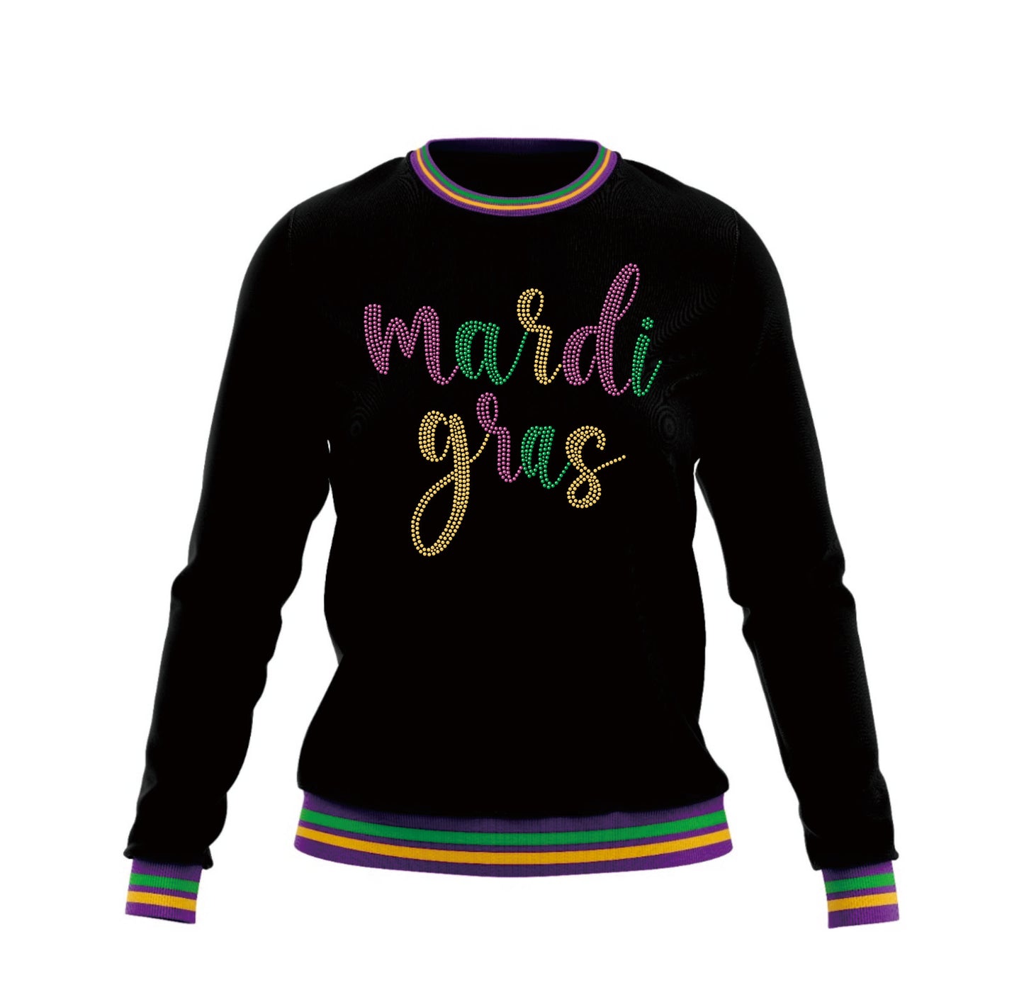 Mardi Gras Black Plush Sweatshirt w/Multi-Colored Piping