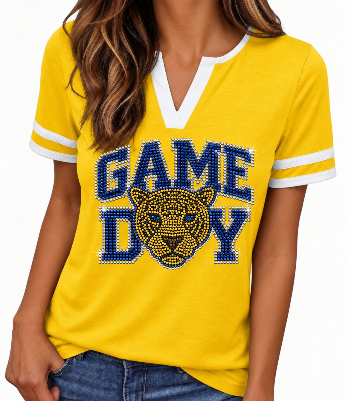 Gold Jersey Shirt w/White Stripes SU Jaguar Inspired V-Neck