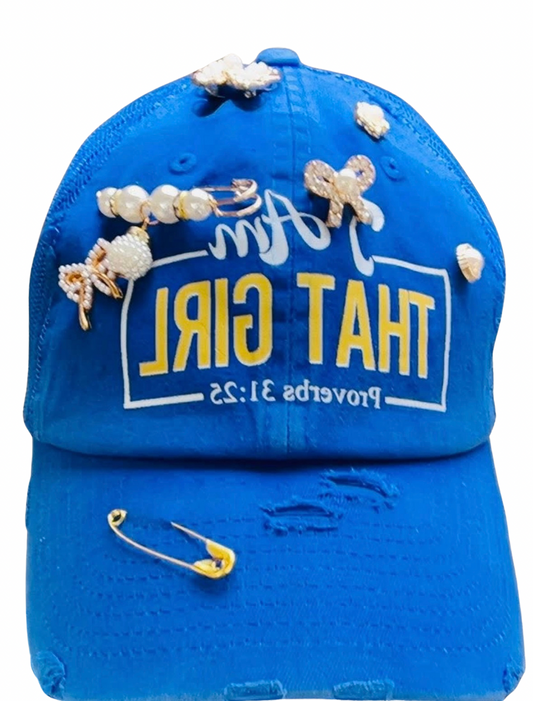 I Am That GIRL_Distressed Junk Trucker Cap in Royal Blue w/Embellishments